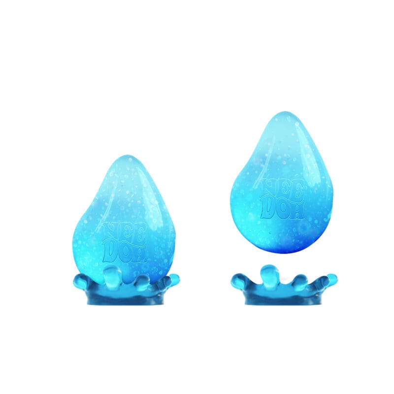DRDND_Image4 Two blue, water droplet-shaped NeeDoh sensory toys with a gradient designe. One is positioned upright, and the other is showing a splash-like shape at the base. Both are set against a plain white background.